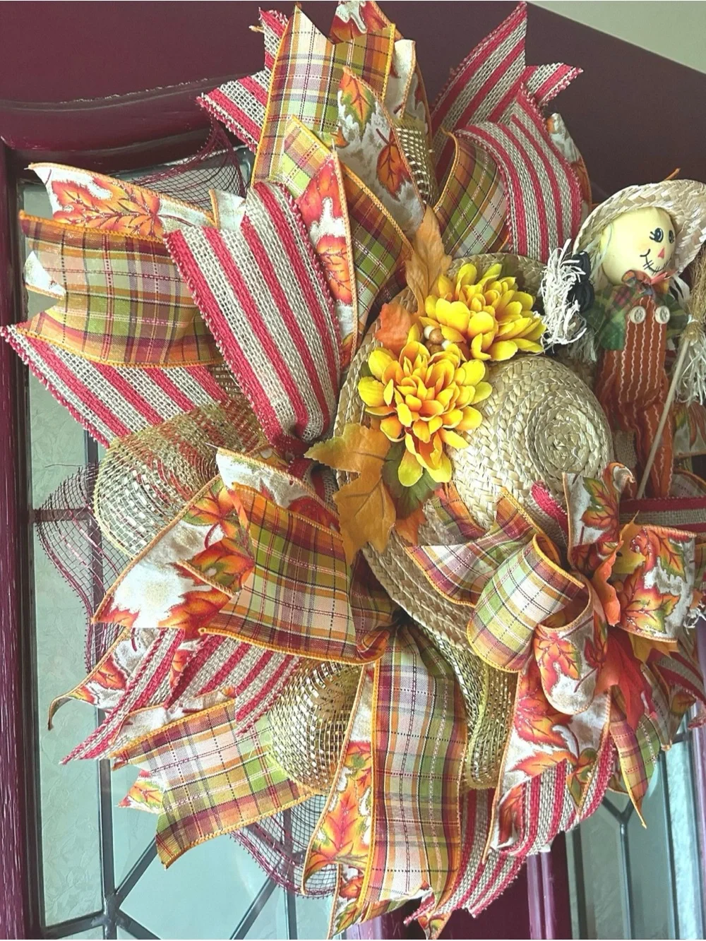 Handmade Fall Scarecrow Deco Mesh Wreath Autumn Harvest Front Door Decor 22